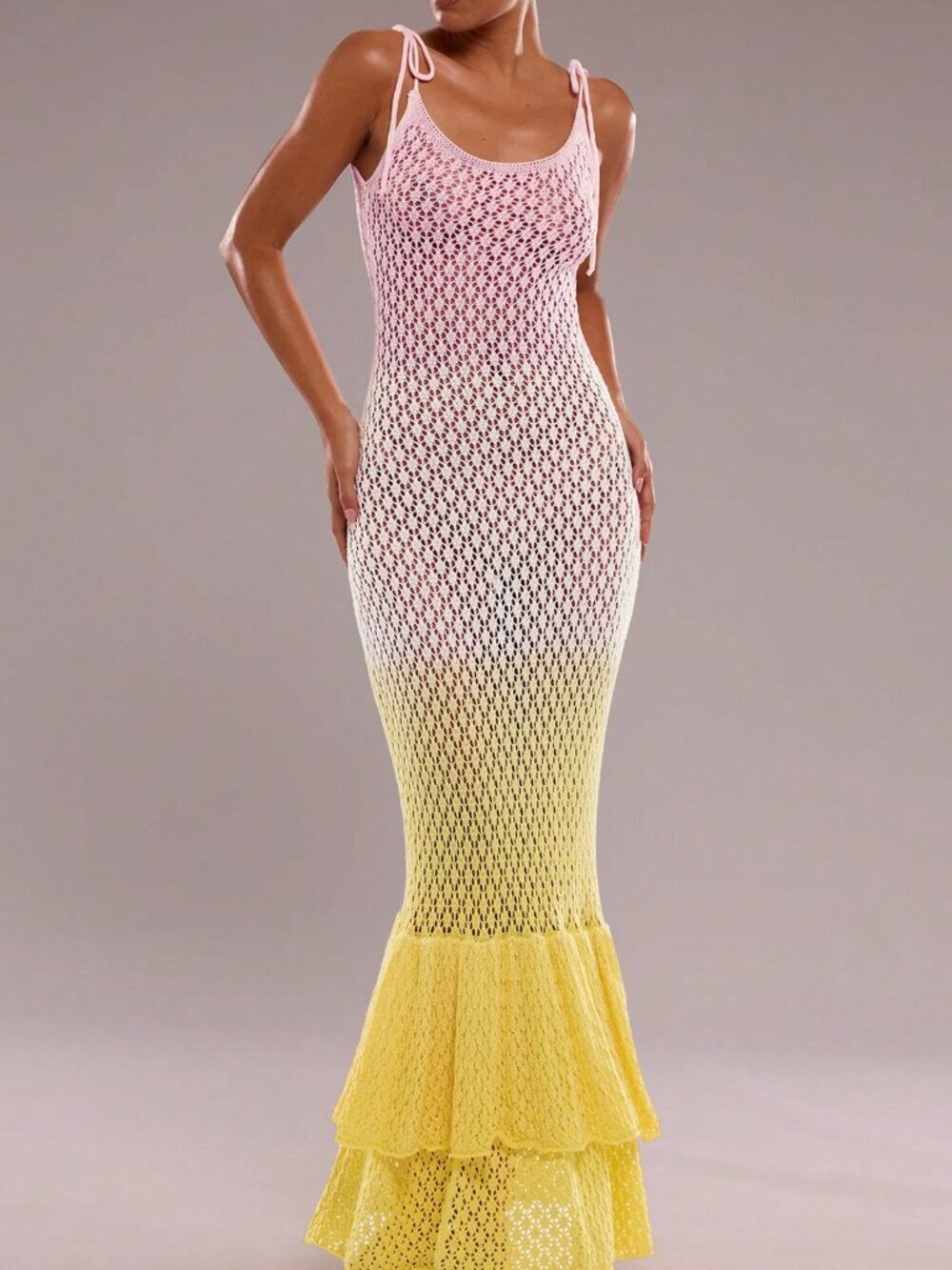 Multicolor Casual Elegant Women's Long Ruffle Fishtail Hollow Knit Dress